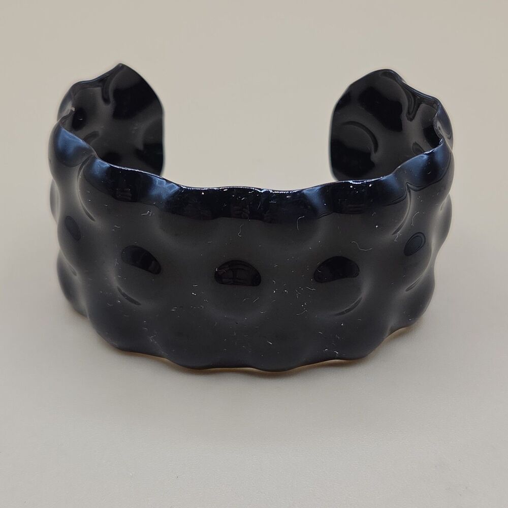 Vintage Enamel Cuff Bracelet Black Abstract Design Hobnail 80's Bangle Chunky